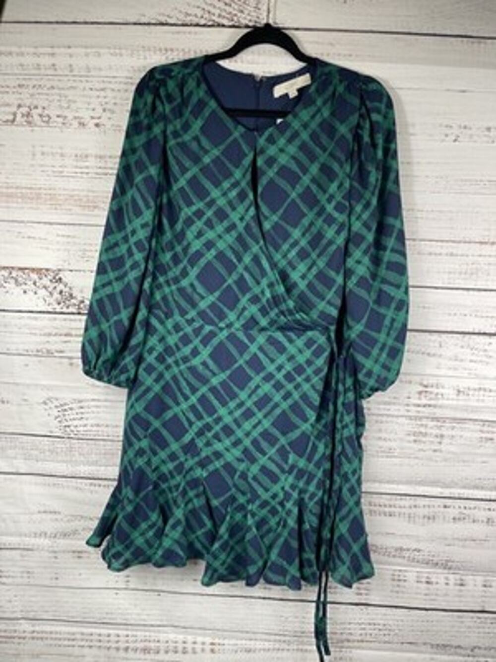 LOFT Dress Womens 16P Blue Green Geometric Wrap Ruffle Hem Long Sleeve Belted